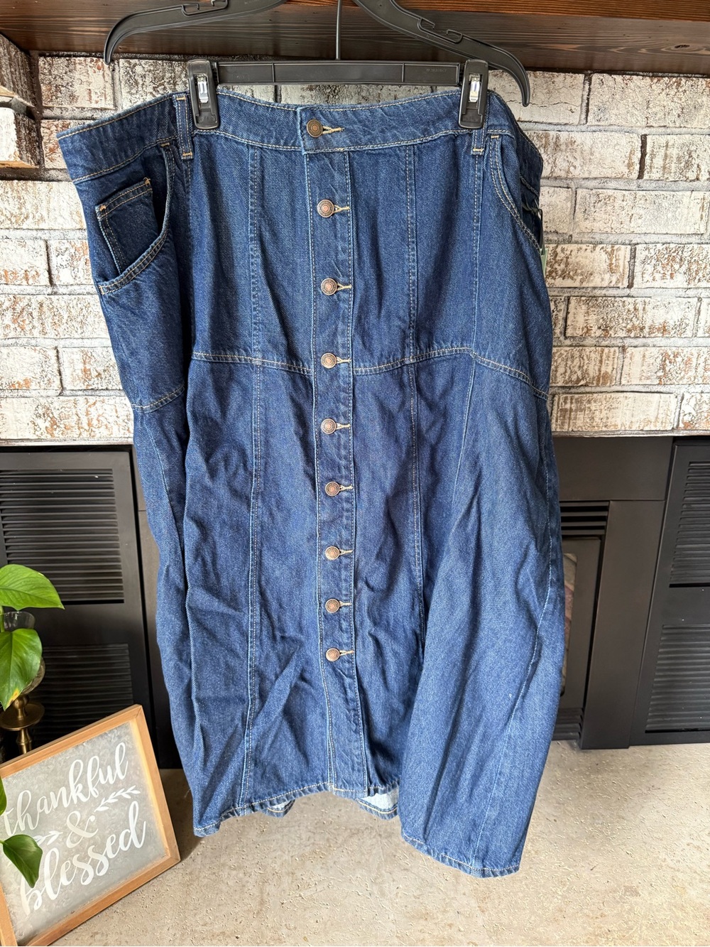 Terra & Sky Dark Blue Button-Front Midi Denim Skirt
